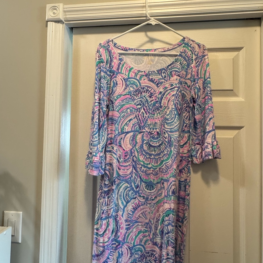 Lilly Pulitzer Pink and Blue Sheath Dress with Bell Sleeves